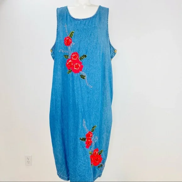 CSL Blue | Dresses | Vintage Csl Blue Denim Jean Dress Embroidered Flower  With Sequin Details Size X